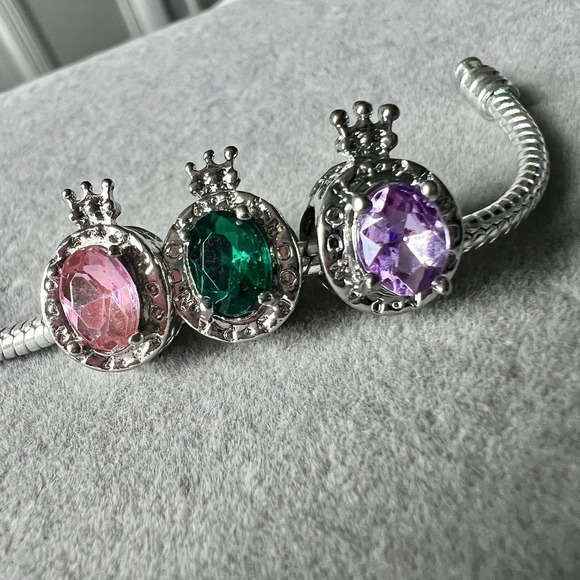 Silver Crown Charm Bracelet Princess Gemstone Pink Green Purple - Picture 6 of 12